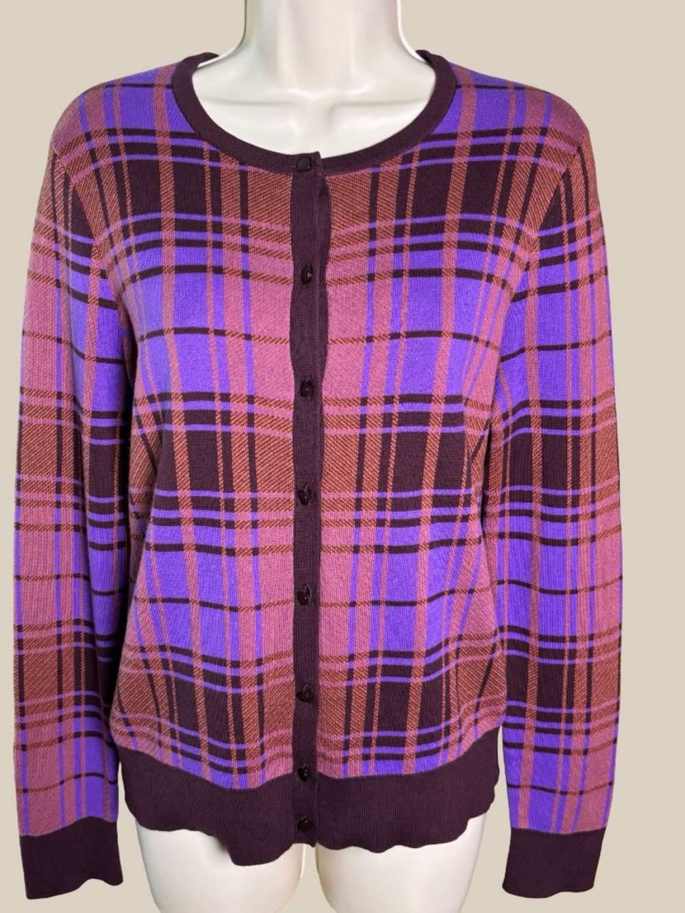 Ann Taylor Factory Purple Maroon Plaid Button Front Cardigan Sweater Preppy SZ L